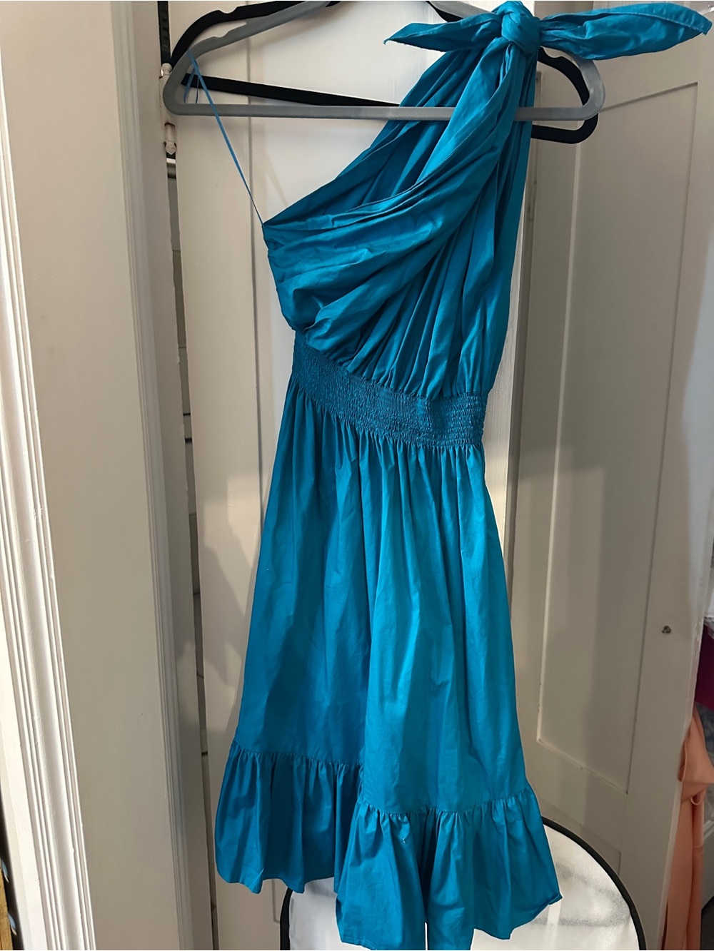 MONICA NERA One-Shoulder Turquoise Dress with Smocked Waist